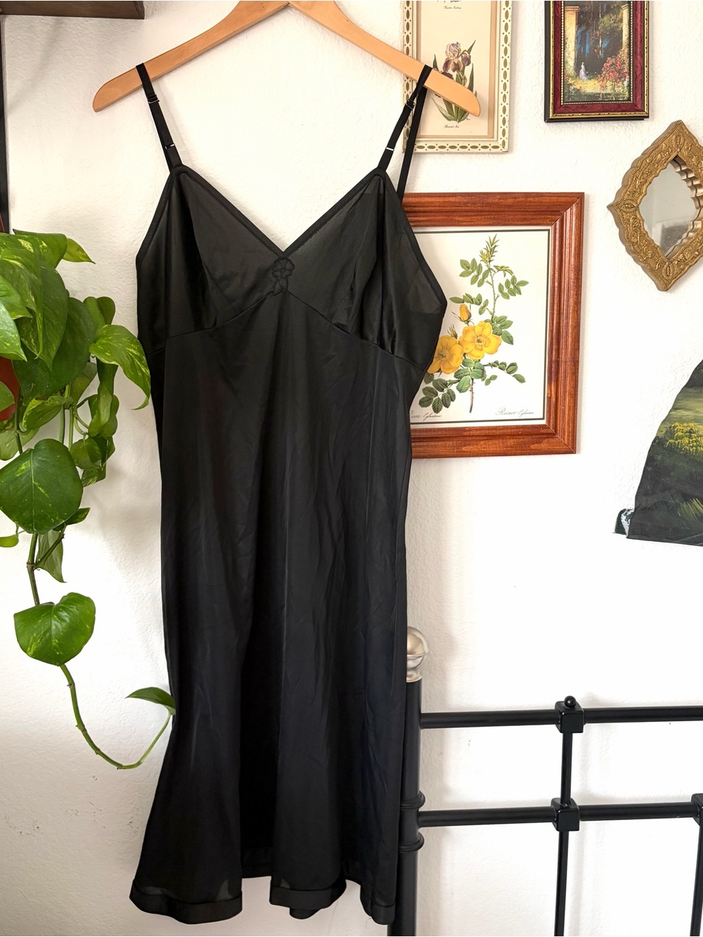 Vintage 1970s Vanity Fair Nylon Sheer Black Slip Dress with Flower Accent - Med